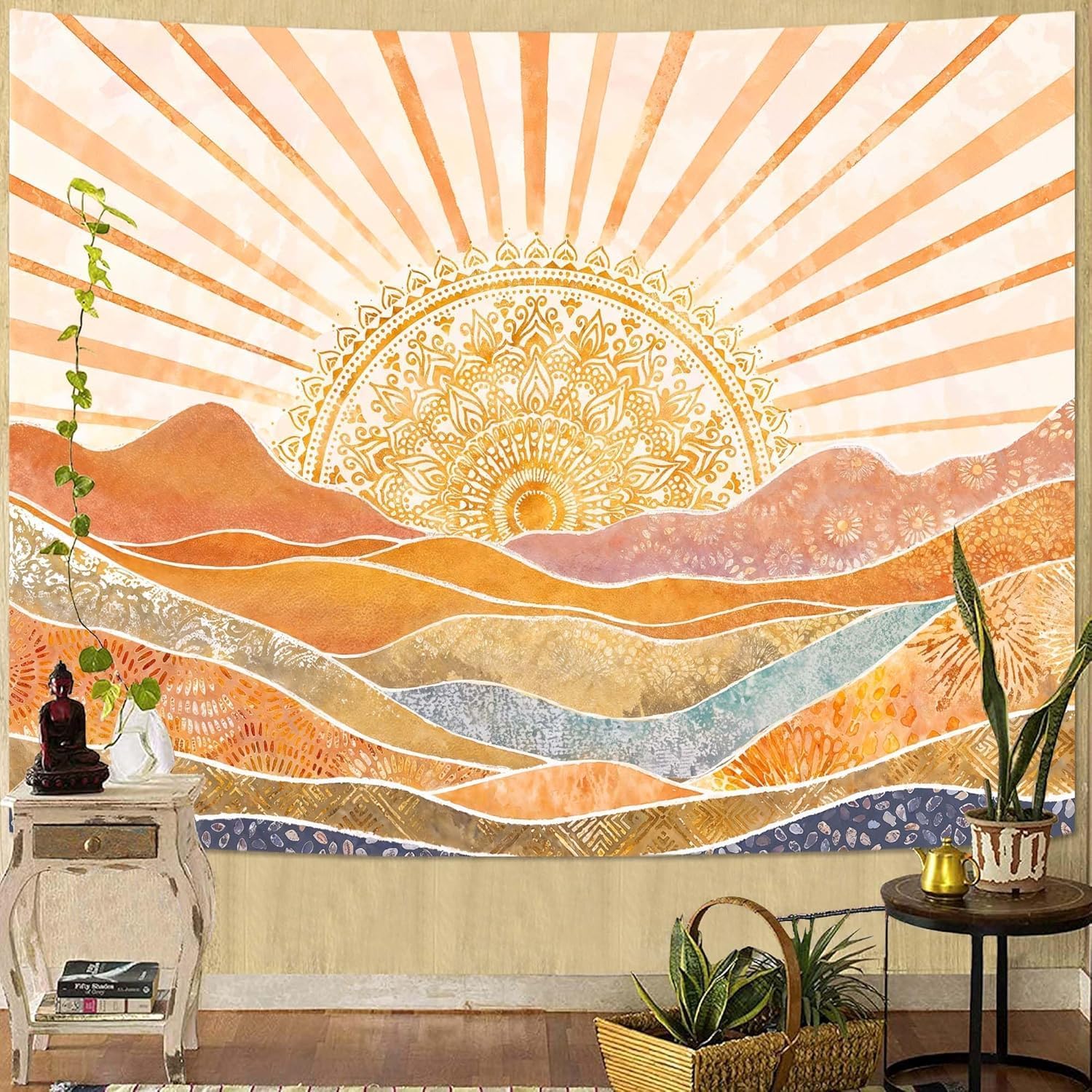 Wall Scroll Tapestry - Aesthetic Boho Sun Mountain Tapestry, Watercolor