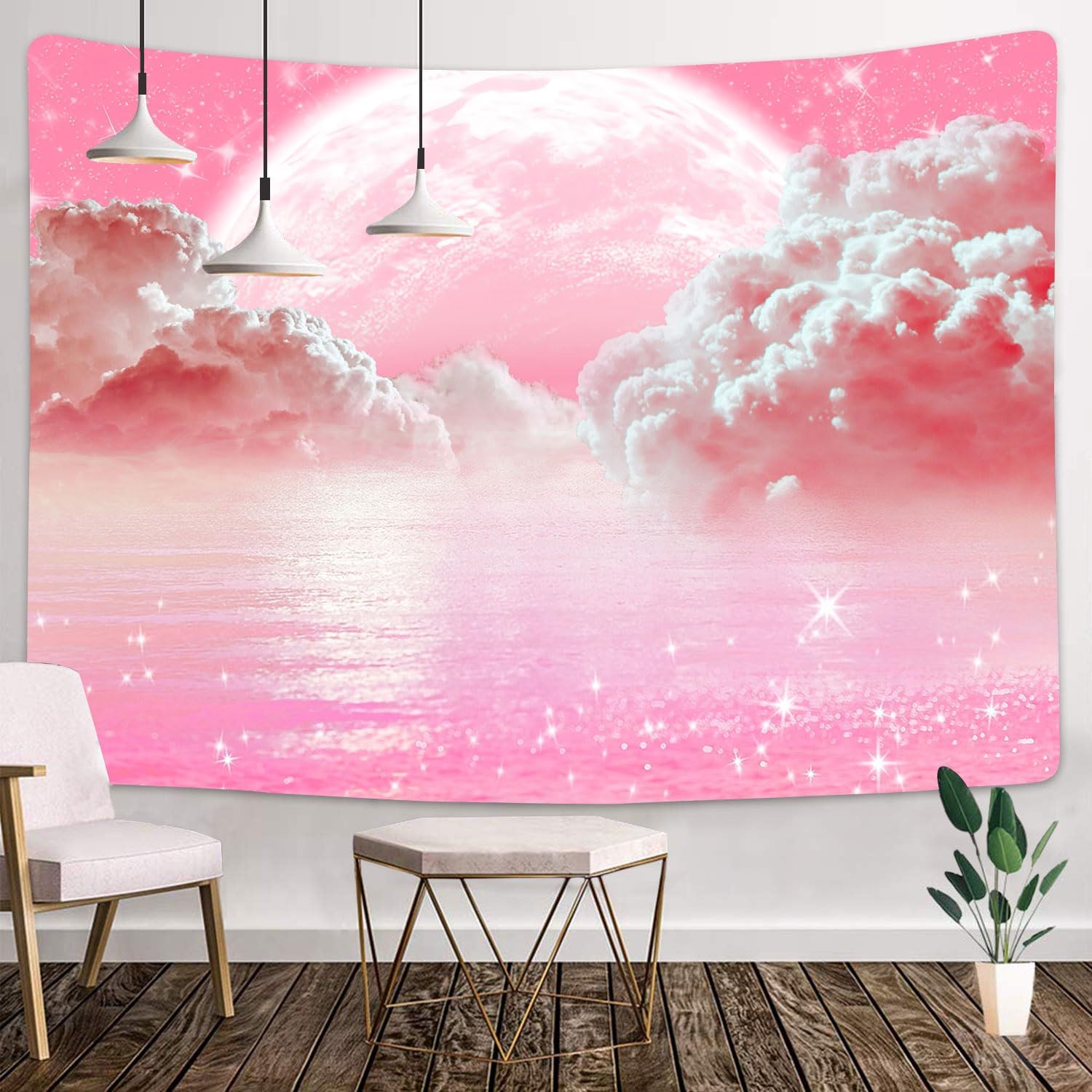 Wall Scroll Tapestry - Pink Clouds Sky Tapestry Ocean Moon