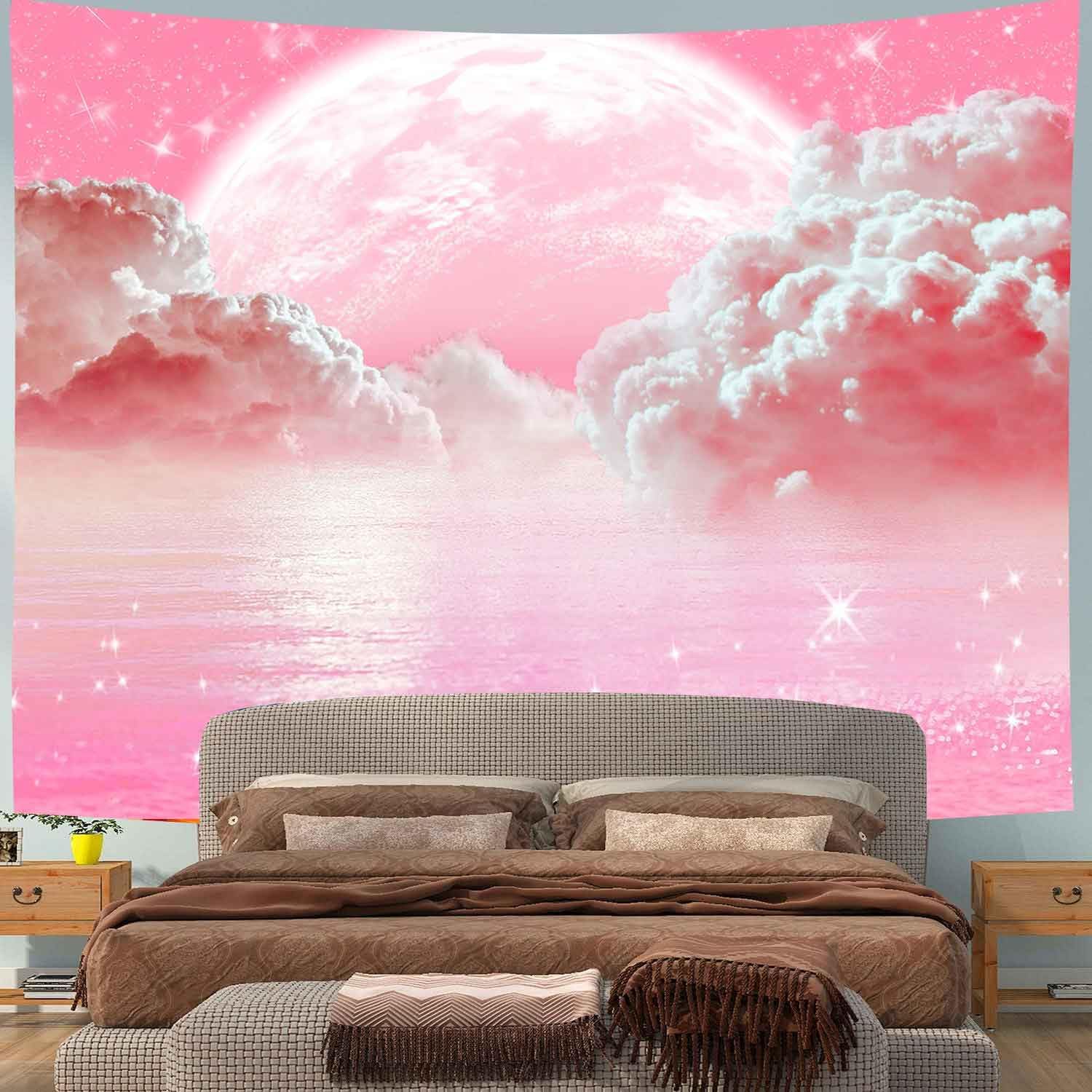 Pink Clouds Sky Tapestry Ocean - Wall Scroll Tapestry ulasan dan harga