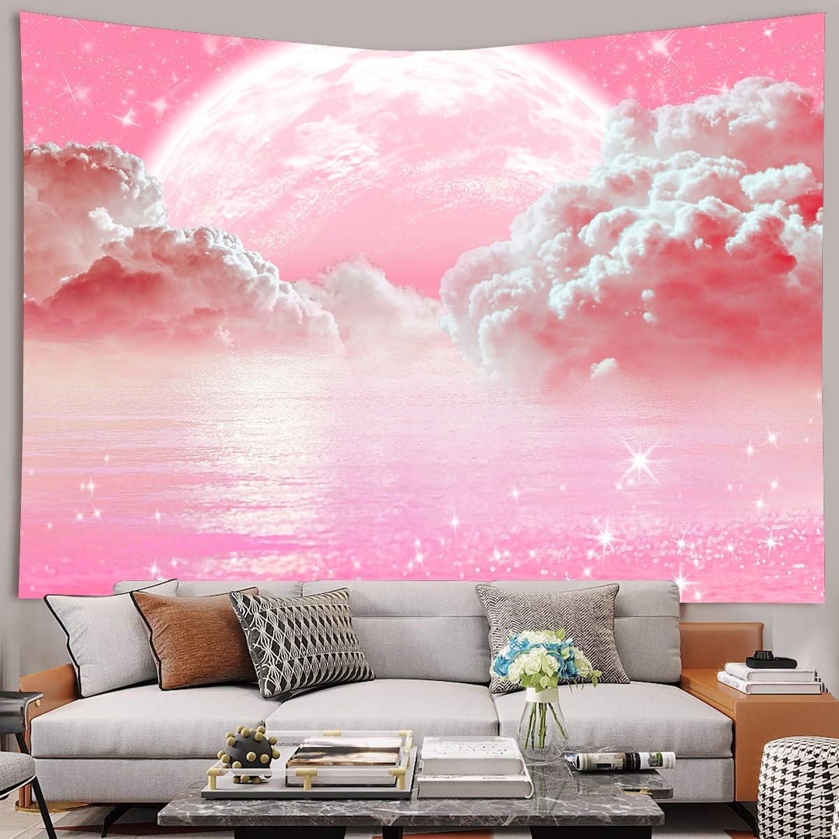 Pink Clouds Sky Tapestry Ocean - Wall Scroll Tapestry ulasan dan harga