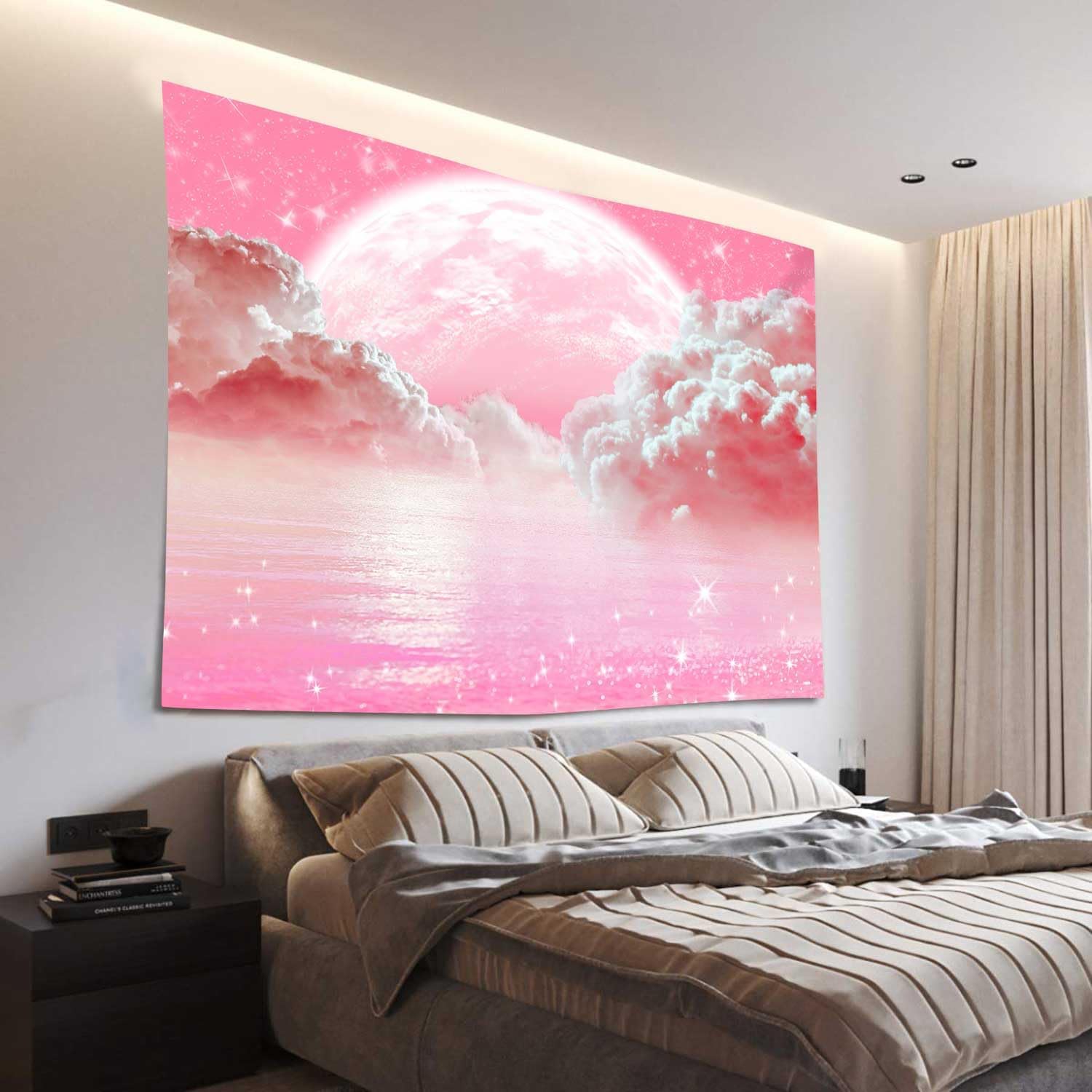Pink Clouds Sky Tapestry Ocean - Wall Scroll Tapestry ulasan dan harga